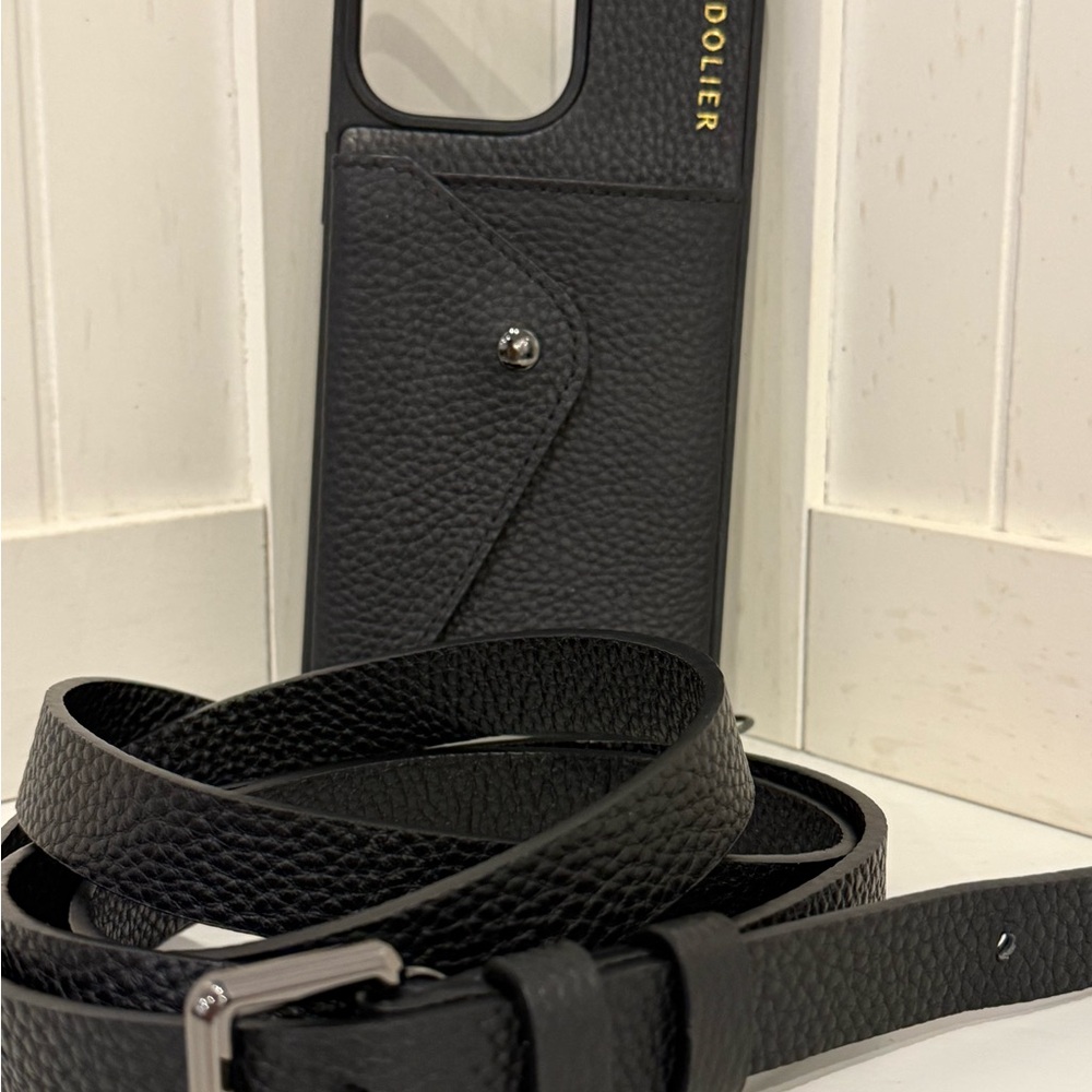 Black Leather Phone Case with Strap